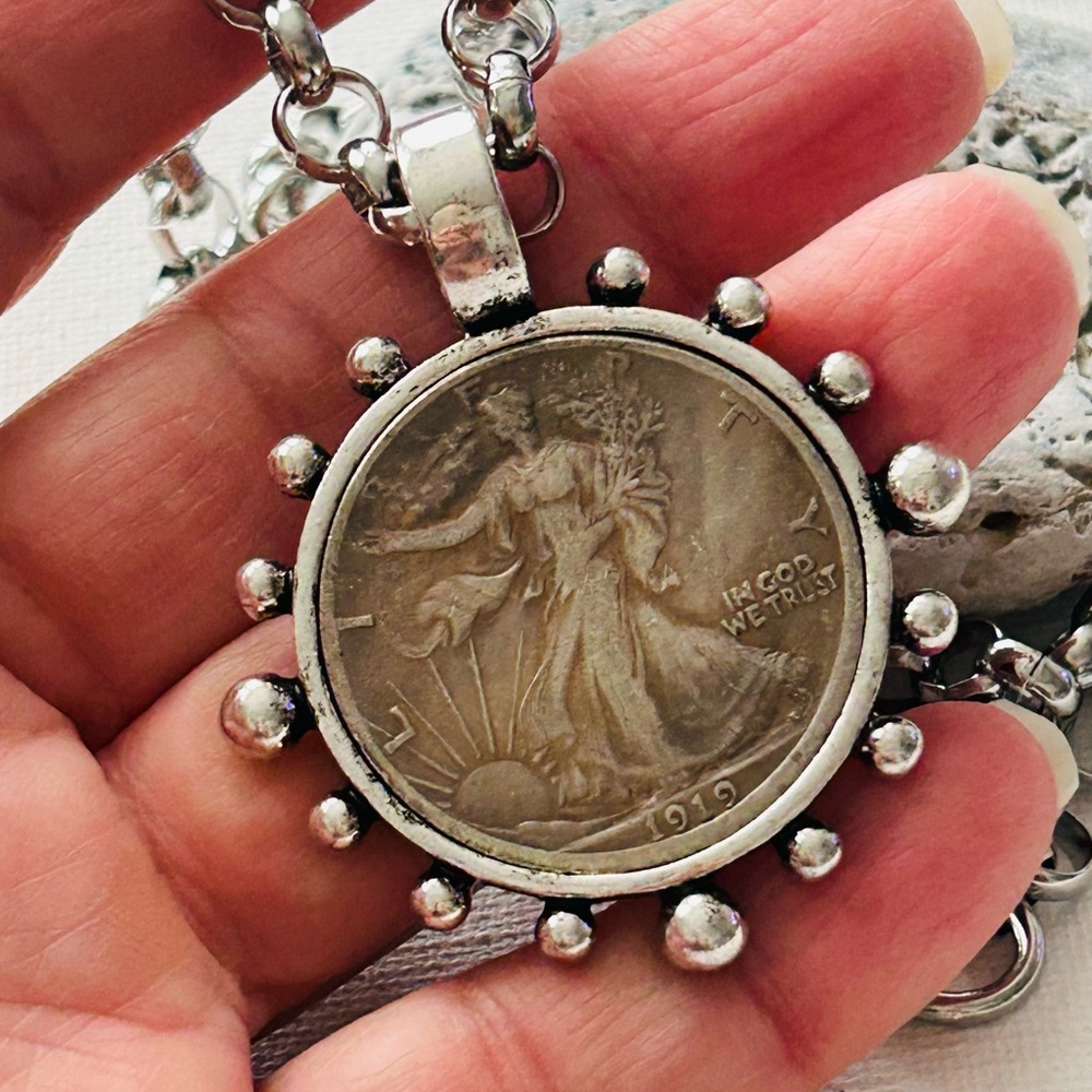 Liberty Silver Tone Replica Coin Pendant Necklace - Picture 7 of 8